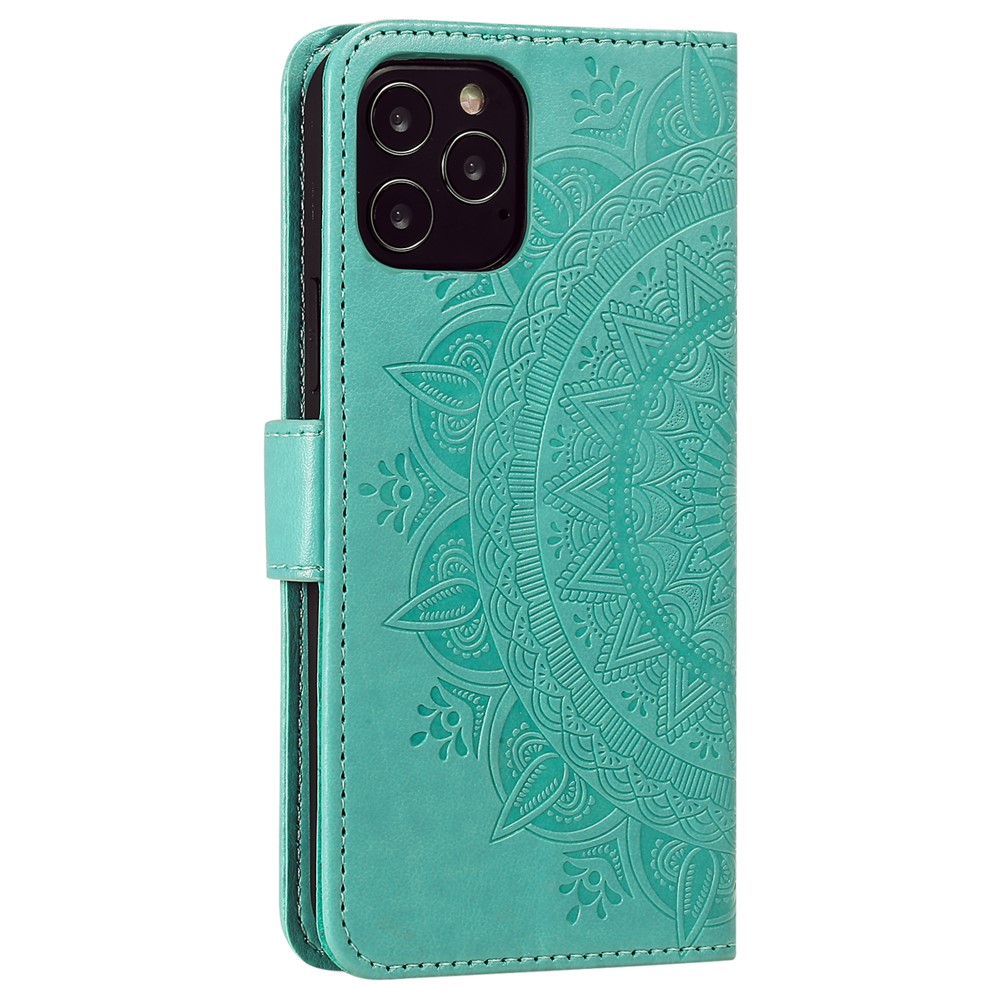 Imprinted Mandala Flower Wallet Leather Flip Cover with Strap for iPhone 12 Pro Max 6.7 inch - Cyan-7