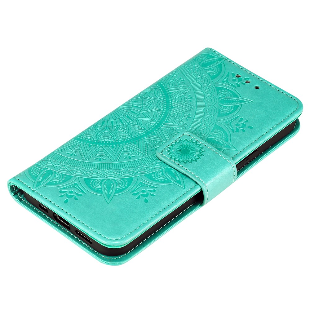 Imprinted Mandala Flower Wallet Leather Flip Cover with Strap for iPhone 12 Pro Max 6.7 inch - Cyan-9