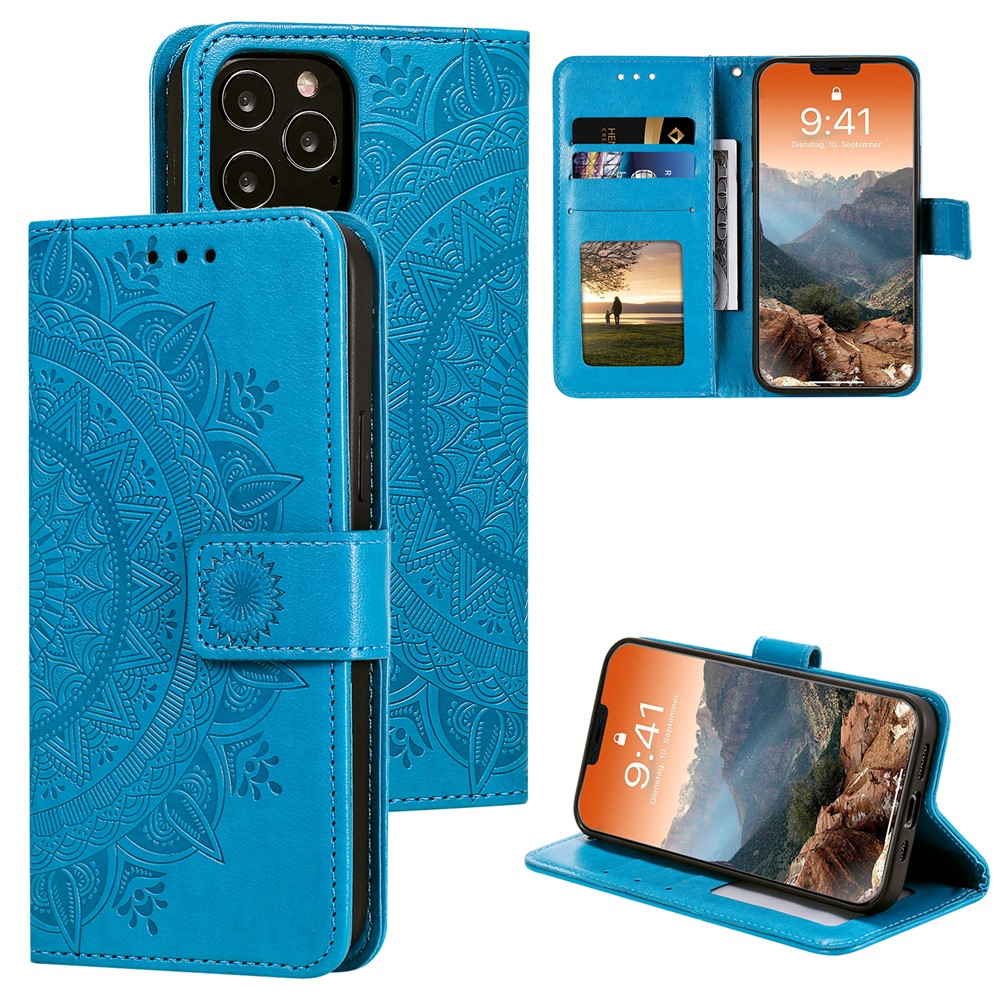 Imprinted Mandala Flower Wallet Leather Flip Cover with Strap for iPhone 12 Pro Max 6.7 inch - Blue-1