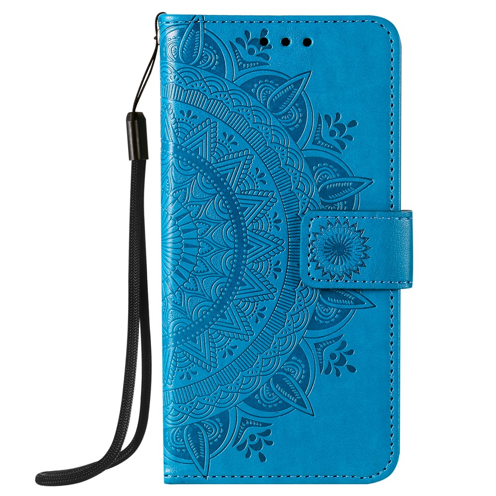 Imprinted Mandala Flower Wallet Leather Flip Cover with Strap for iPhone 12 Pro Max 6.7 inch - Blue-2
