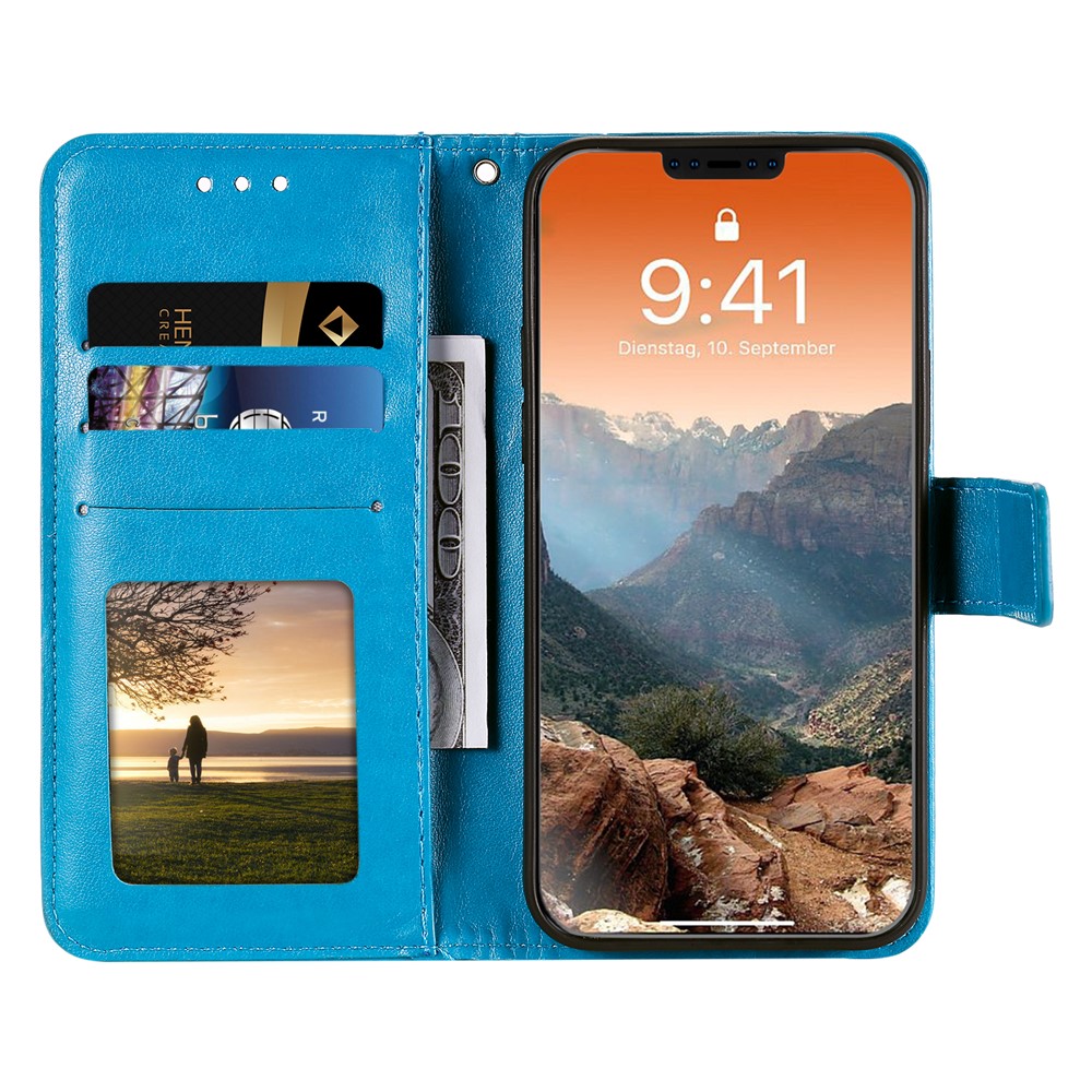 Imprinted Mandala Flower Wallet Leather Flip Cover with Strap for iPhone 12 Pro Max 6.7 inch - Blue-4