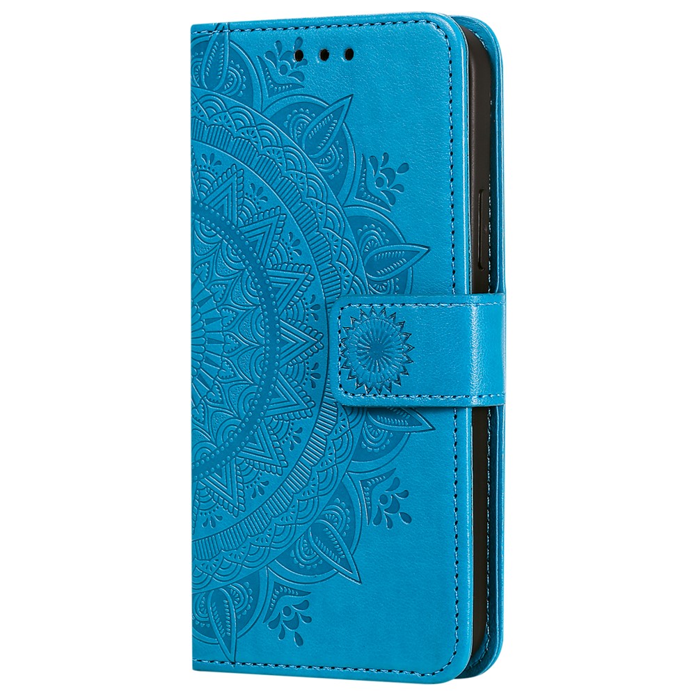 Imprinted Mandala Flower Wallet Leather Flip Cover with Strap for iPhone 12 Pro Max 6.7 inch - Blue-5