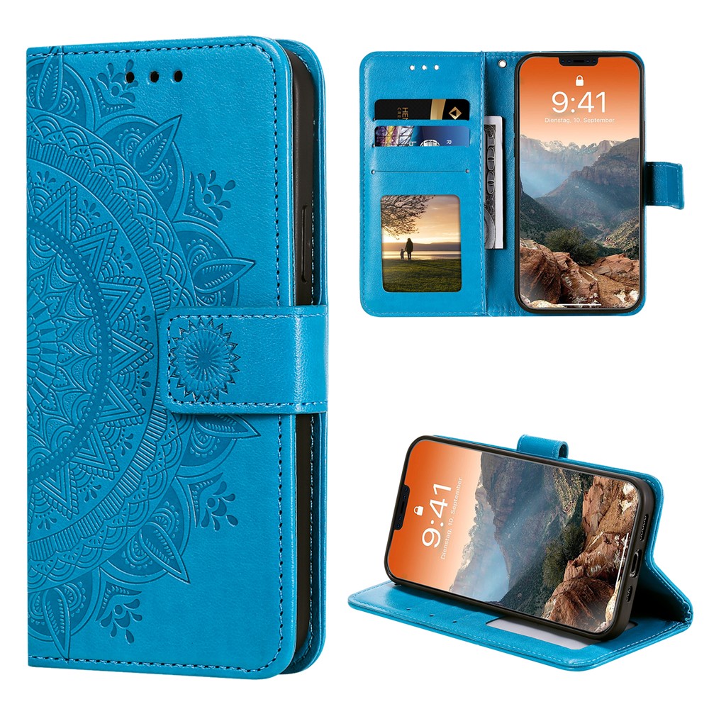 Imprinted Mandala Flower Wallet Leather Flip Cover with Strap for iPhone 12 Pro Max 6.7 inch - Blue-9
