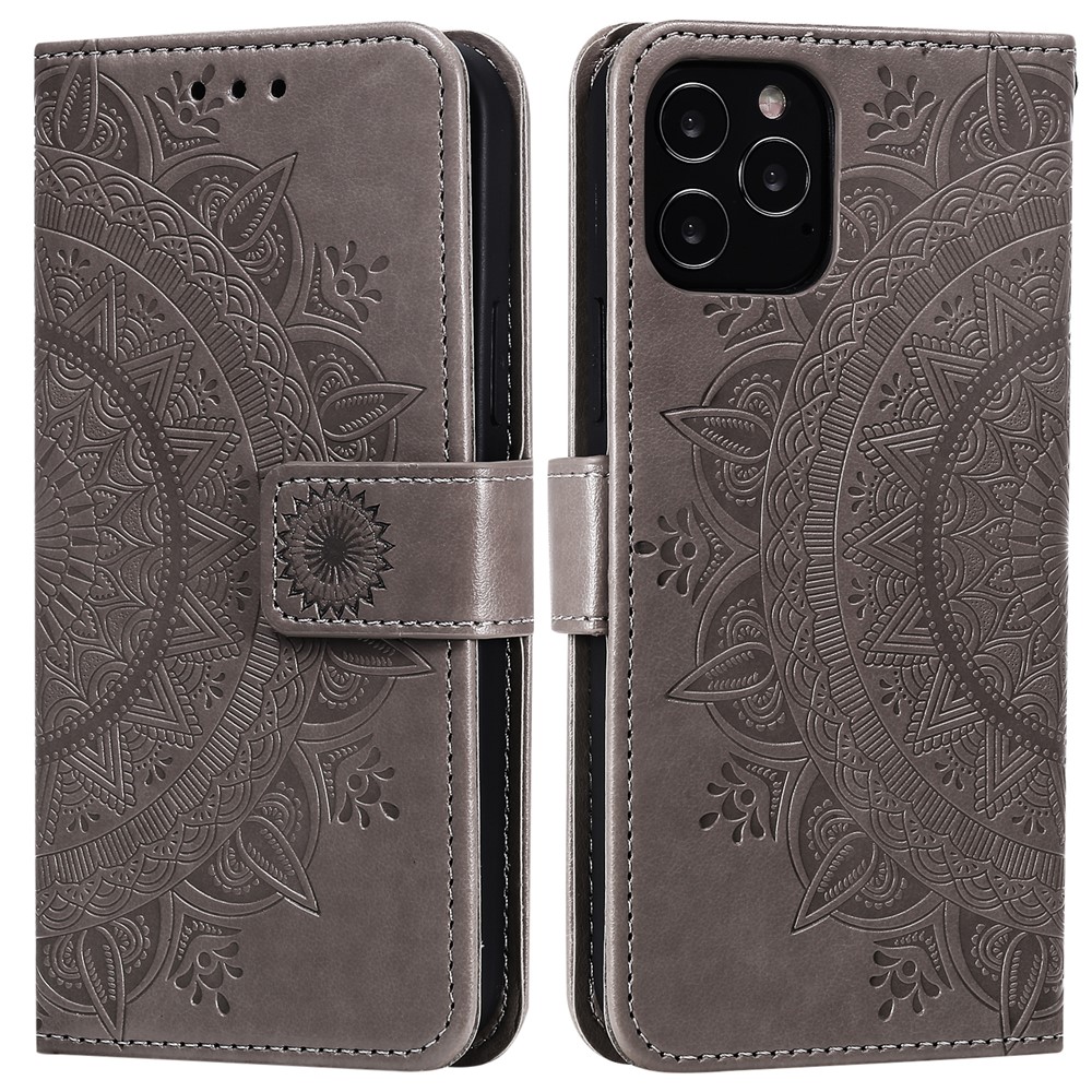 Mandala Blume Imprited PU-Leder Magnetischer Geldbörsenfall TPU Innen Flip Folio Stand Cover Mit Gurt Für IPhone 12 / 12 Pro 6,1 Zoll - Grau