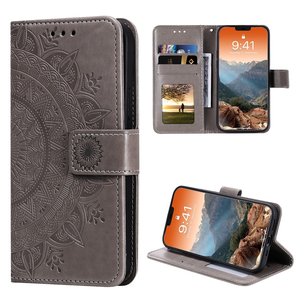 Mandala Flower Imprinted PU Leather Magnetic Wallet Case TPU Inner Flip Folio Stand Cover with Strap for iPhone 12 / 12 Pro 6.1 inch - Grey-2