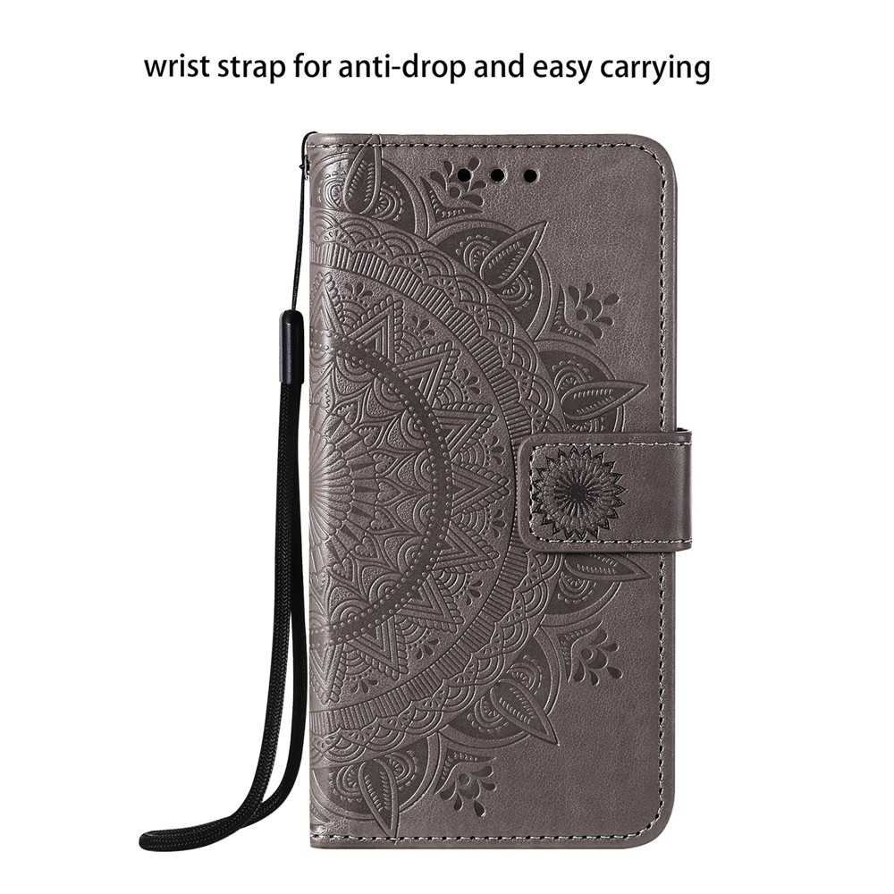 Mandala Blume Imprited PU-Leder Magnetischer Geldbörsenfall TPU Innen Flip Folio Stand Cover Mit Gurt Für IPhone 12 / 12 Pro 6,1 Zoll - Grau