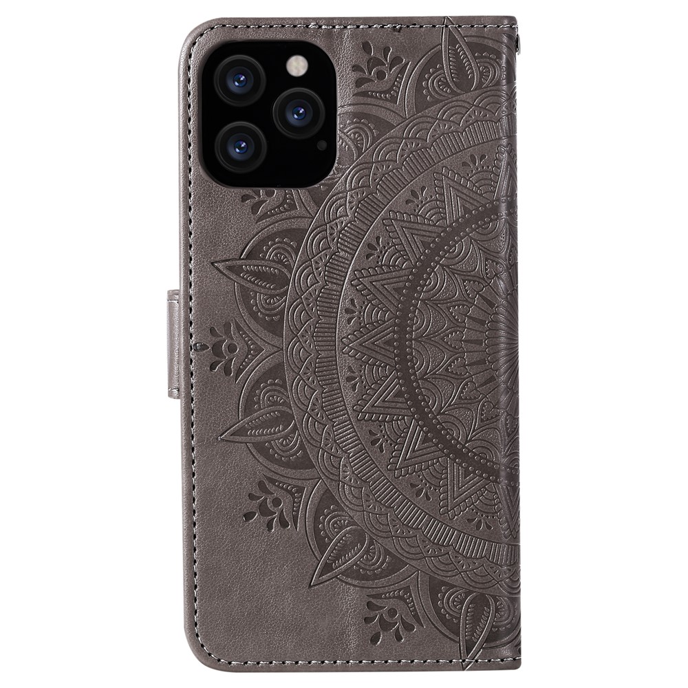 Mandala Flower Imprinted PU Leather Magnetic Wallet Case TPU Inner Flip Folio Stand Cover with Strap for iPhone 12 / 12 Pro 6.1 inch - Grey-4