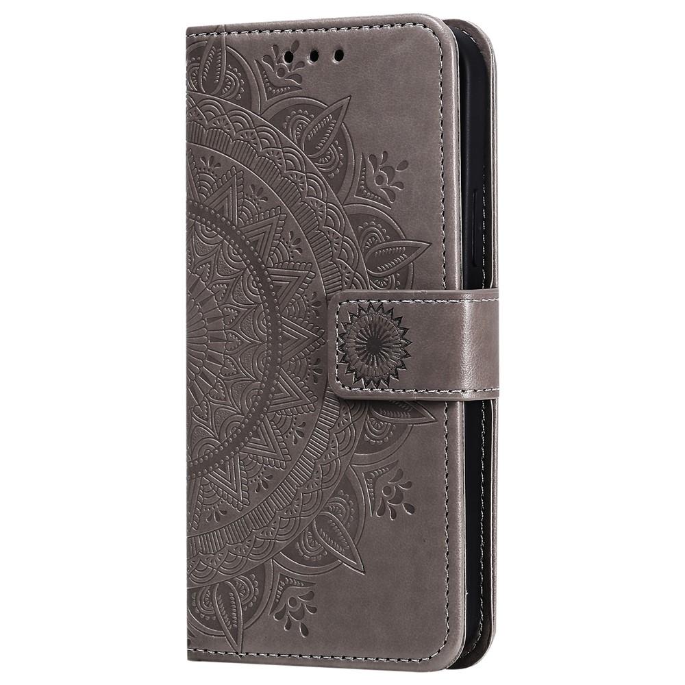 Mandala Blume Imprited PU-Leder Magnetischer Geldbörsenfall TPU Innen Flip Folio Stand Cover Mit Gurt Für IPhone 12 / 12 Pro 6,1 Zoll - Grau