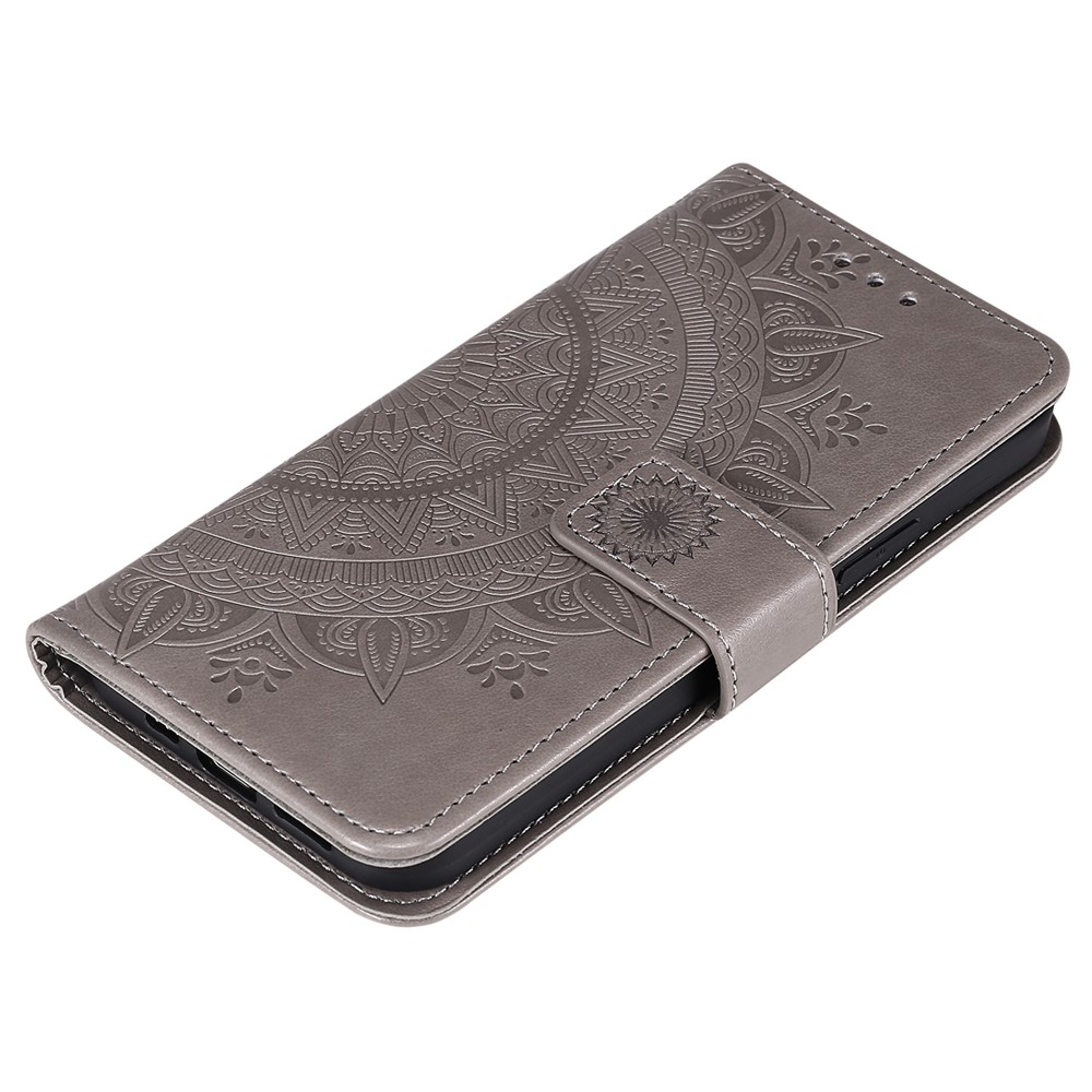 Mandala Flower Imprinted PU Leather Magnetic Wallet Case TPU Inner Flip Folio Stand Cover with Strap for iPhone 12 / 12 Pro 6.1 inch - Grey-9