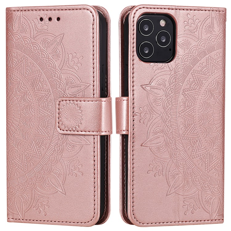 Mandala Blume Imprited PU-Leder Magnetischer Geldbörsenfall TPU Innen Flip Folio Stand Cover Mit Gurt Für IPhone 12 / 12 Pro 6,1 Zoll - Rosengold.