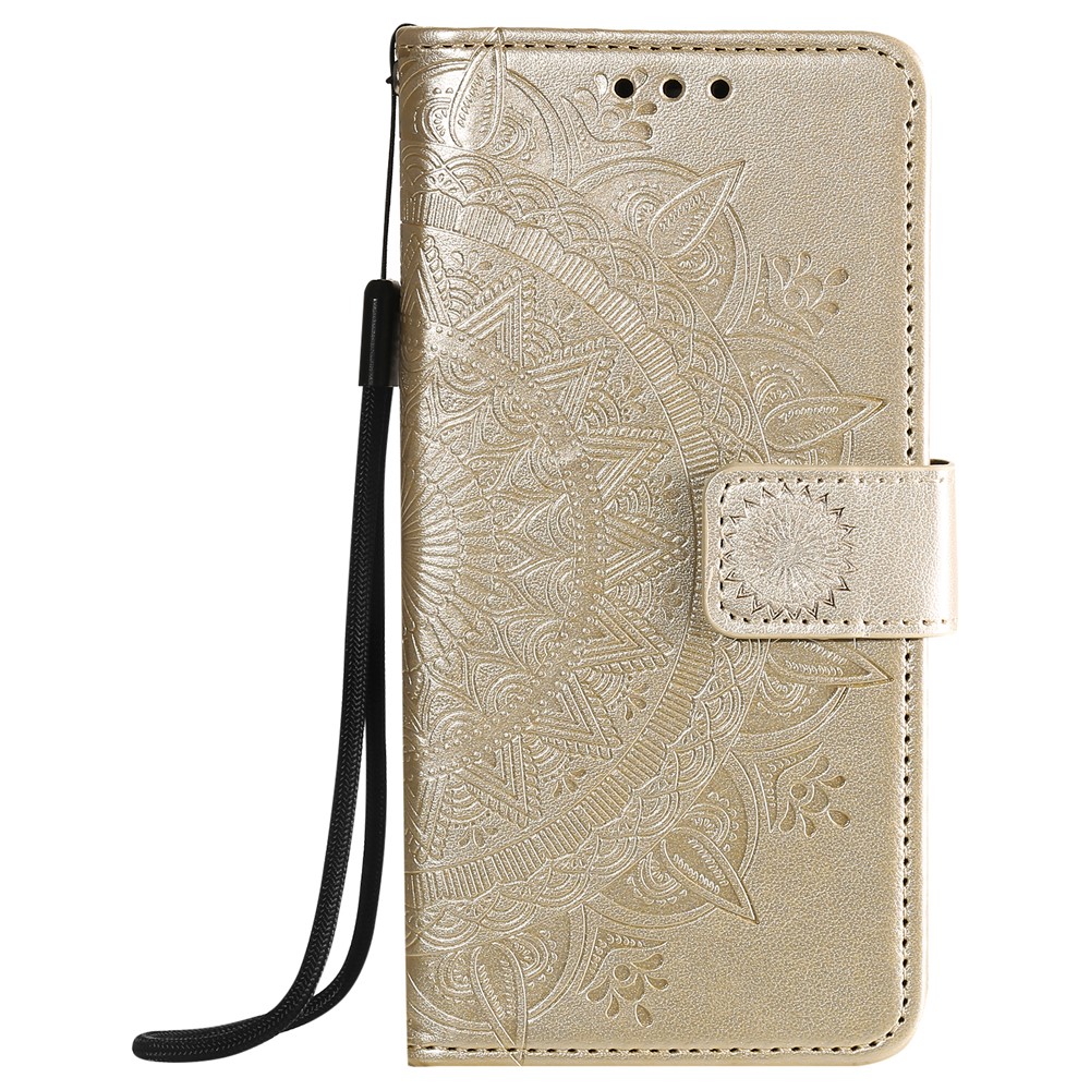 Phone Cover Imprint Totem Flower Leather Wallet Case for iPhone 12 Pro/12 - Gold-3
