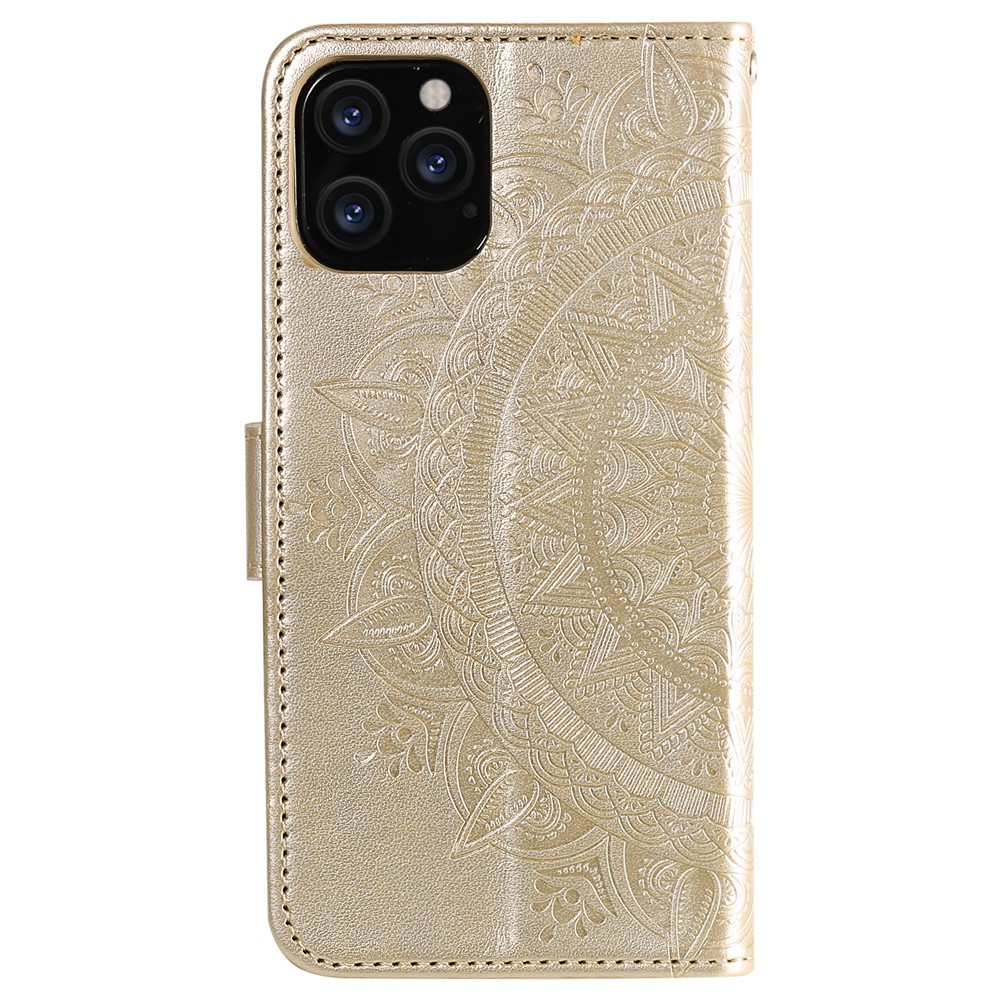 Fleur Mandala Etui De Portefeuille Magnétique En Cuir PU Imprimé PU TPU Inner Flip Folio Stand Cover Avec Sangle Pour IPhone 12 / 12 Pro 6.1 Pouces - Or