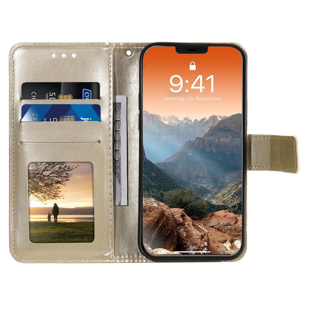 Phone Cover Imprint Totem Flower Leather Wallet Case for iPhone 12 Pro/12 - Gold-5