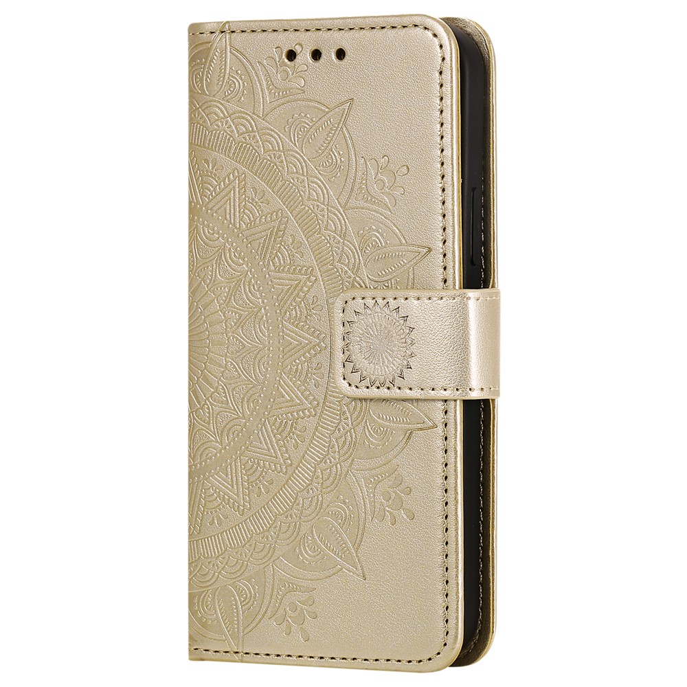 Phone Cover Imprint Totem Flower Leather Wallet Case for iPhone 12 Pro/12 - Gold-6