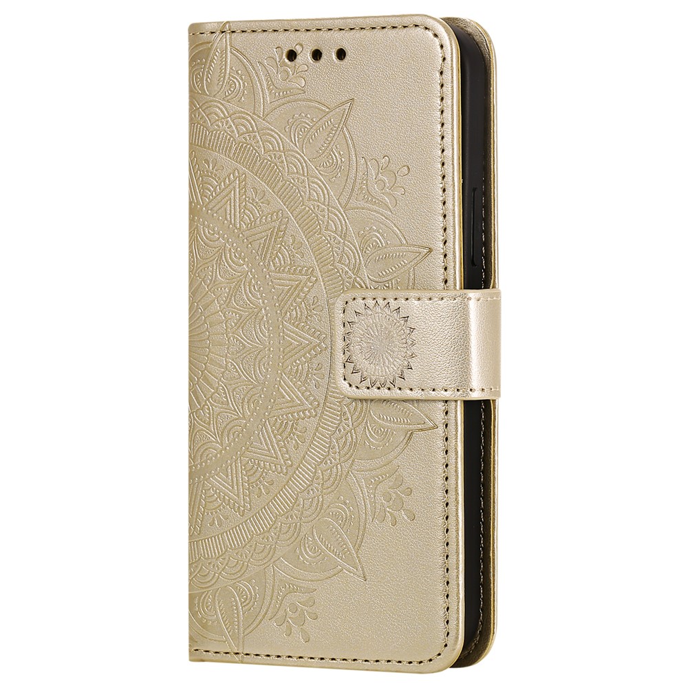 Mandala Blume Imprited PU-Leder Magnetischer Geldbörsenfall TPU Innen Flip Folio Stand Cover Mit Gurt Für IPhone 12 / 12 Pro 6,1 Zoll - Gold