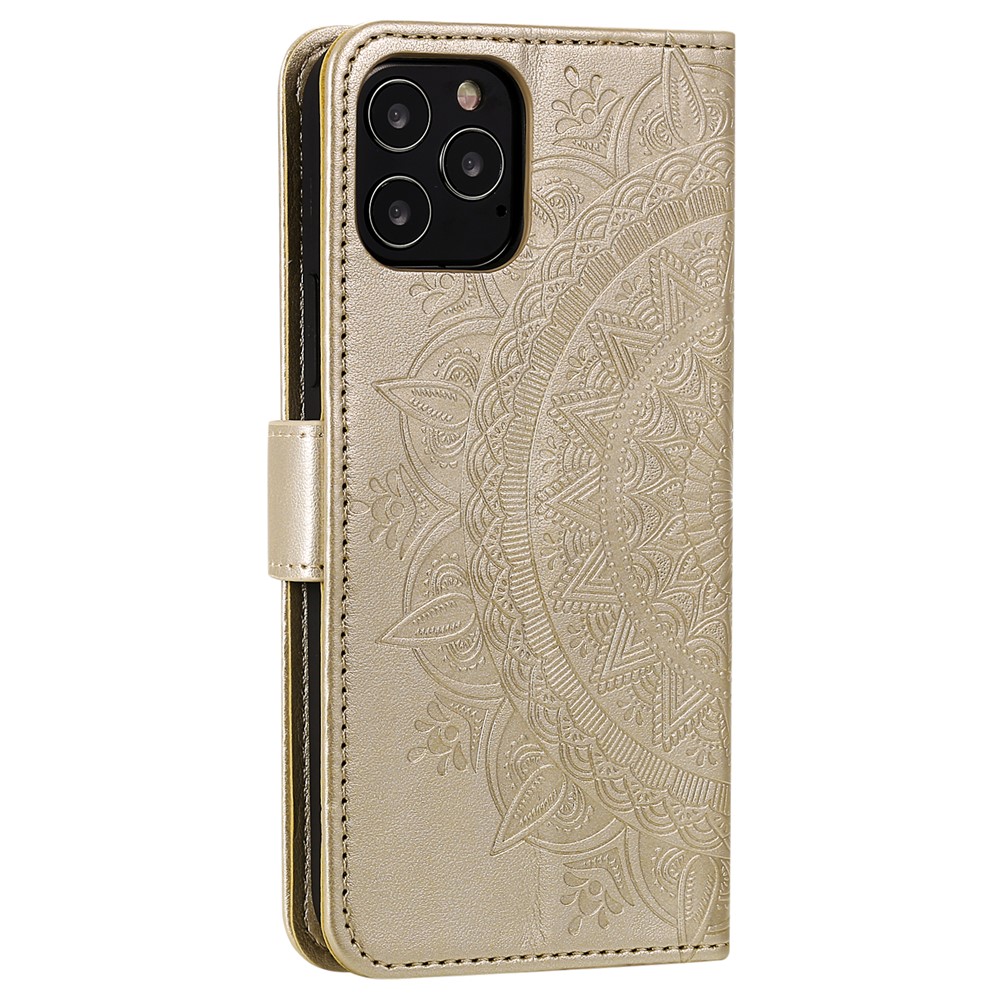 Phone Cover Imprint Totem Flower Leather Wallet Case for iPhone 12 Pro/12 - Gold-7
