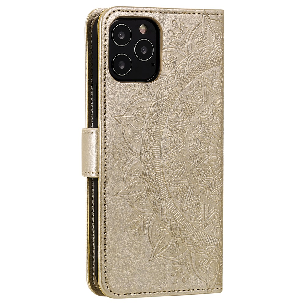 Mandala Blume Imprited PU-Leder Magnetischer Geldbörsenfall TPU Innen Flip Folio Stand Cover Mit Gurt Für IPhone 12 / 12 Pro 6,1 Zoll - Gold