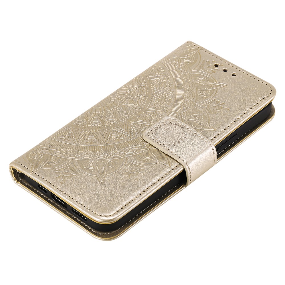 Phone Cover Imprint Totem Flower Leather Wallet Case for iPhone 12 Pro/12 - Gold-9