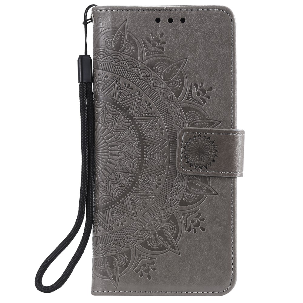 Imprinted Mandala Flower Wallet Leather Flip Cover with Lanyard for iPhone 12 5.4 inch - Grey-2