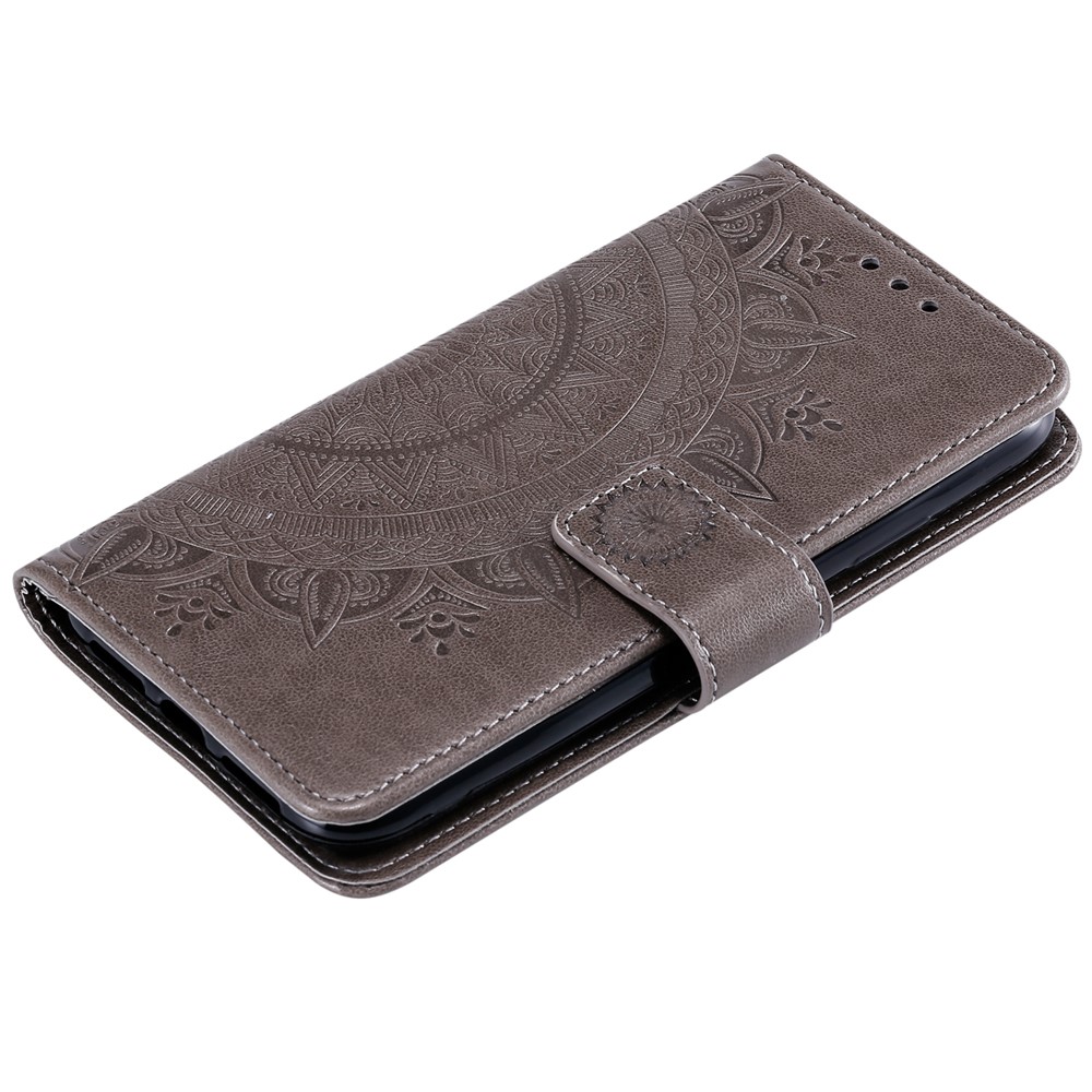 Imprinted Mandala Flower Wallet Leather Flip Cover with Lanyard for iPhone 12 5.4 inch - Grey-5