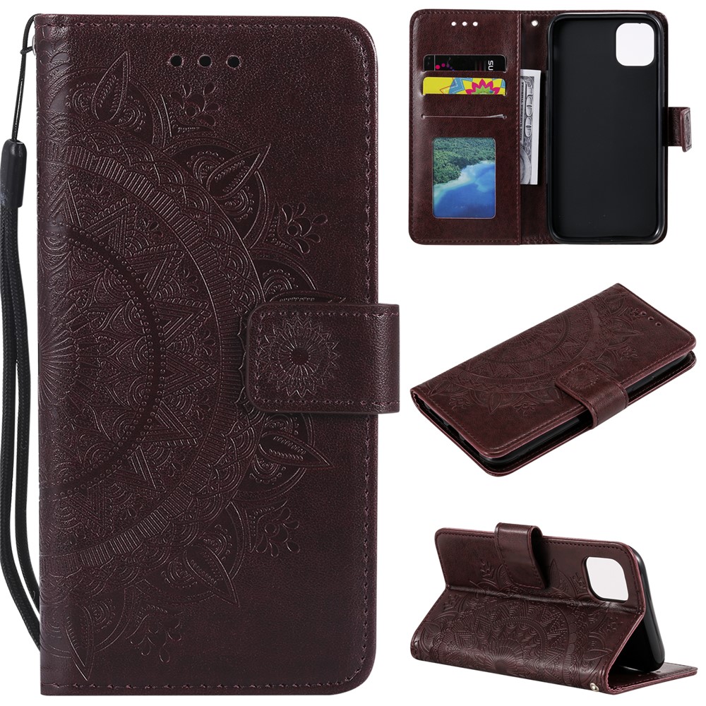 Imprinted Mandala Flower Wallet Leather Flip Cover with Lanyard for iPhone 12 mini - Brown-1
