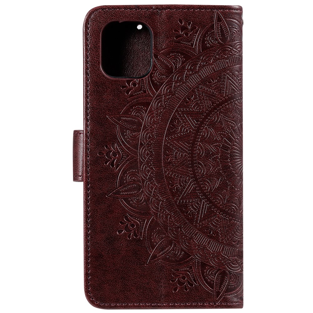 Imprinted Mandala Flower Wallet Leather Flip Cover with Lanyard for iPhone 12 mini - Brown-3