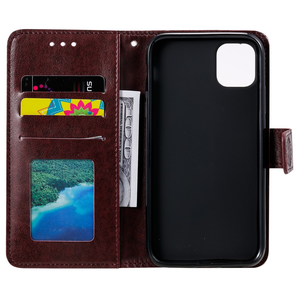 Imprinted Mandala Flower Wallet Leather Flip Cover with Lanyard for iPhone 12 mini - Brown-4