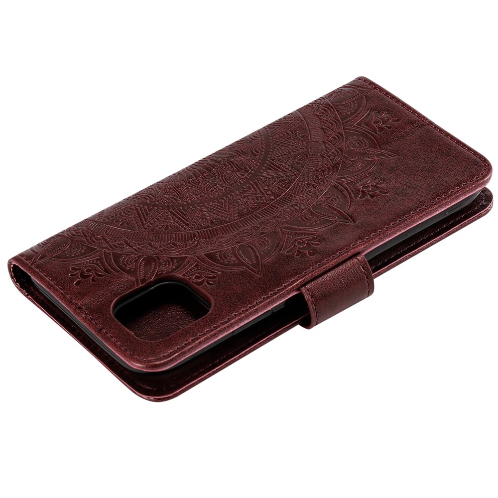 Imprinted Mandala Flower Wallet Leather Flip Cover with Lanyard for iPhone 12 mini - Brown-6