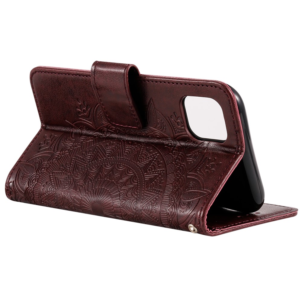 Imprinted Mandala Flower Wallet Leather Flip Cover with Lanyard for iPhone 12 mini - Brown-8