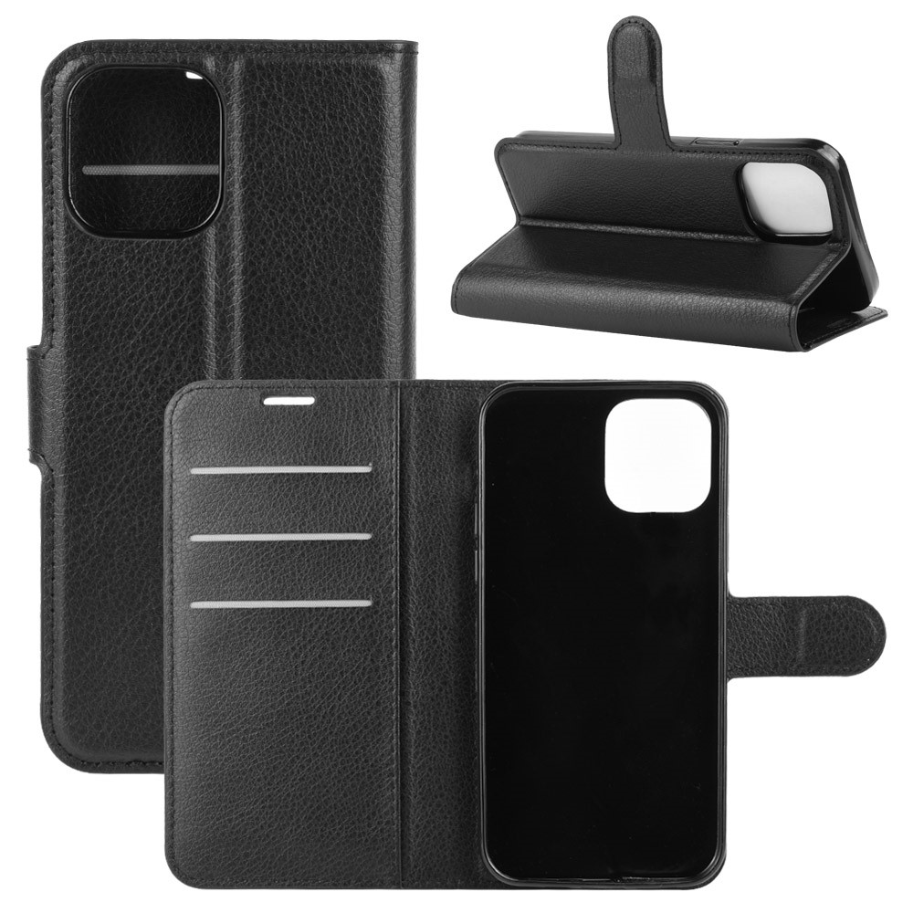 Litchi Texture Leather Wallet Shell Stand Phone Case for iPhone 12 Pro Max 6.7 inch - Black-1