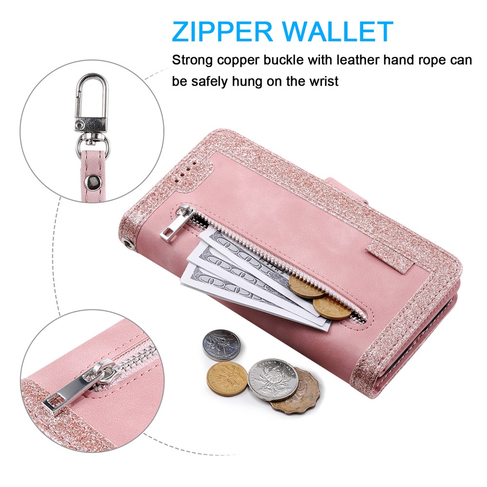 Zipper Pocket 9 Card Slots Leather Wallet Case for iPhone 12 mini - Rose Gold-4