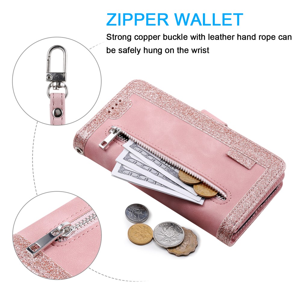 Zipper Pocket 9 Card Slots Leather Wallet Case for iPhone 12 mini 5.4 inch - Rose Gold-4