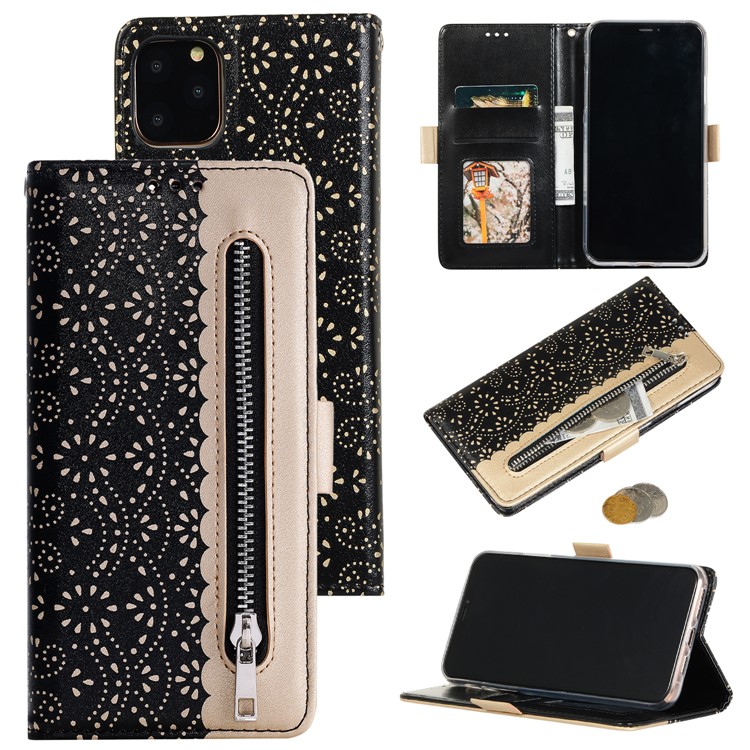 Lace Flower Pattern Zipper Pocket Leather Wallet Phone Case for iPhone 12 Pro/12 - Black-1