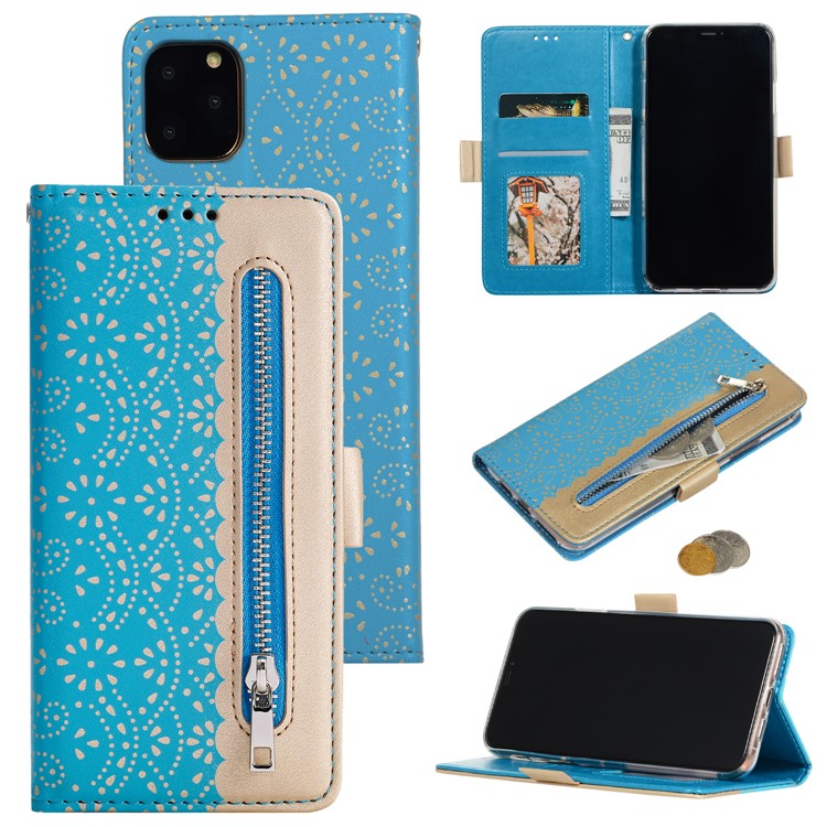 Lace Flower Pattern Zipper Pocket Leather Wallet Phone Case for iPhone 12 Pro/12 - Blue-1