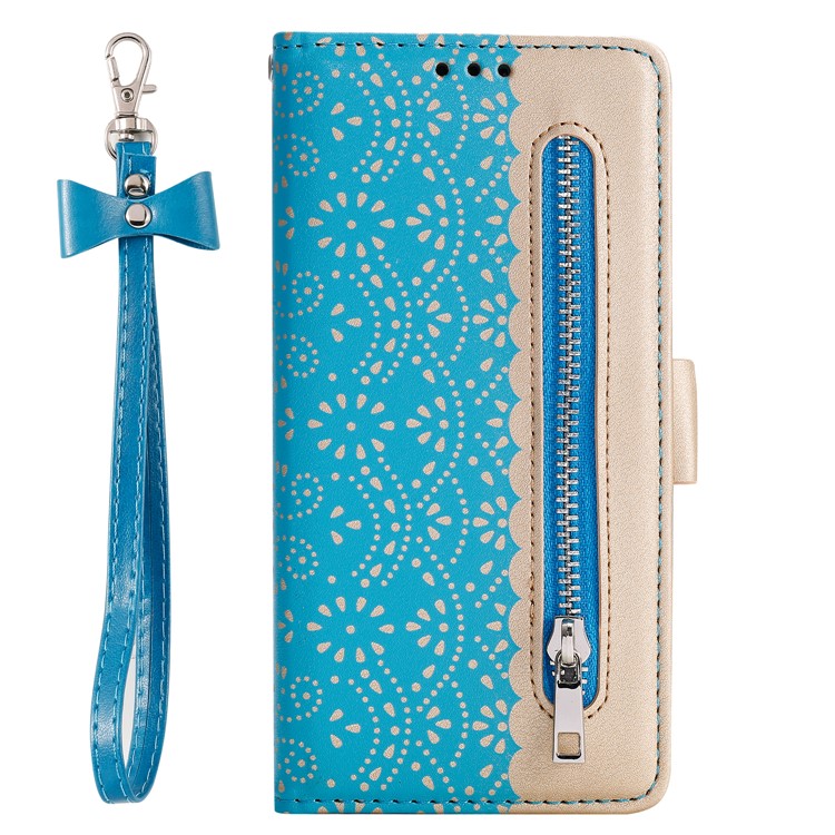 Lace Flower Pattern Zipper Pocket Leather Wallet Phone Case for iPhone 12 Pro/12 - Blue-2