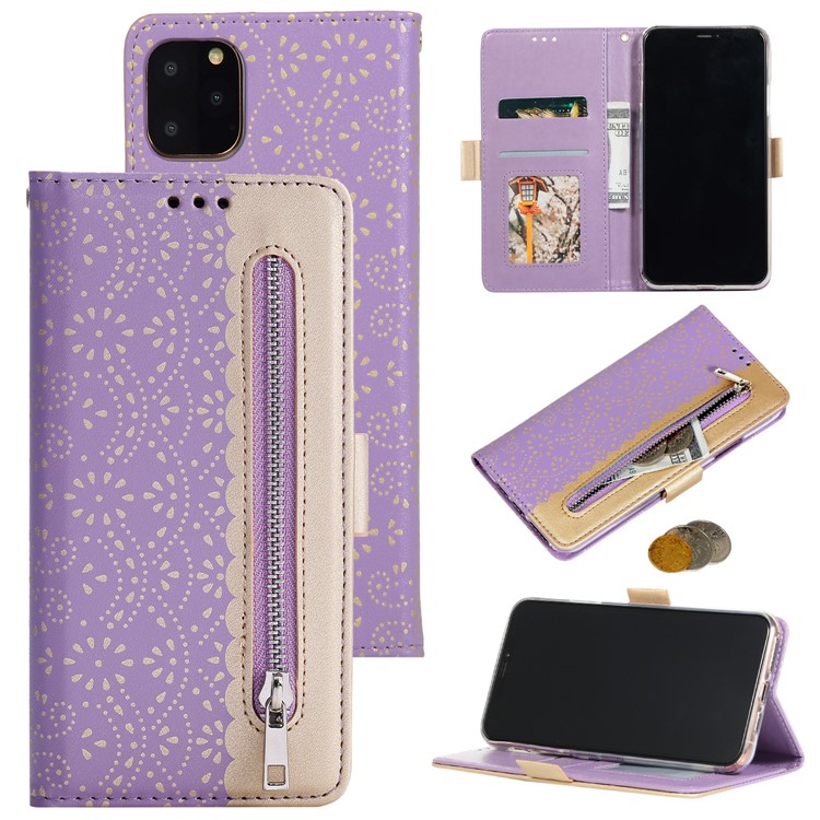 Lace Flower Pattern Zipper Pocket Leather Wallet Phone Case for iPhone 12 Pro/12 - Purple-1