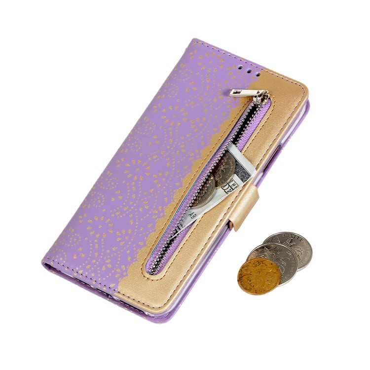 Lace Flower Pattern Zipper Pocket Leather Wallet Phone Case for iPhone 12 Pro/12 - Purple-6