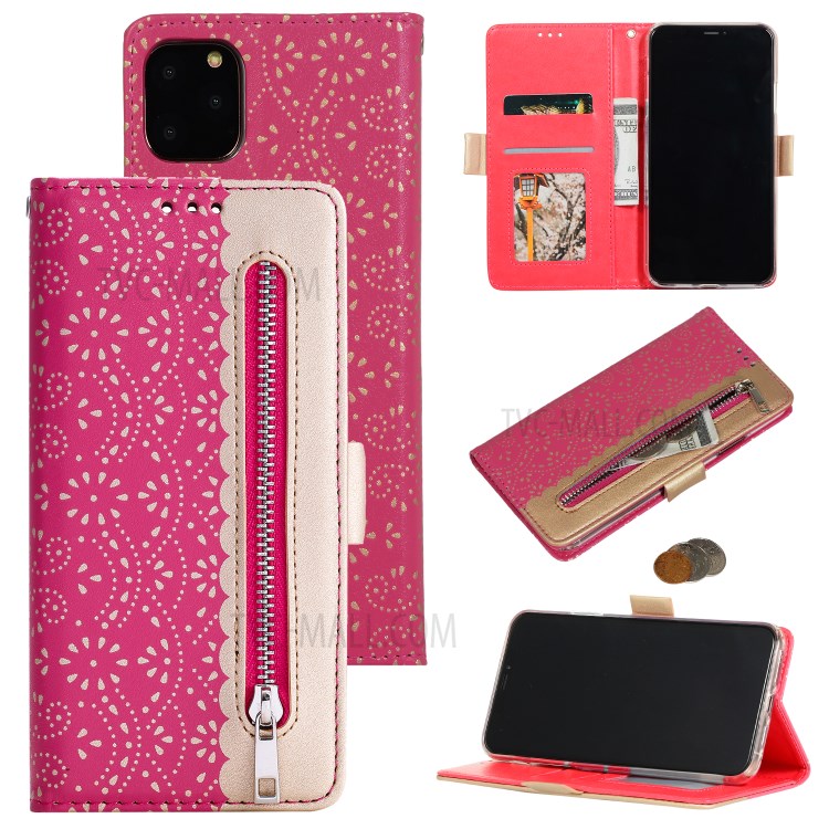 Lace Flower Pattern Zipper Pocket Leather Wallet Phone Shell for iPhone 12 mini - Rose-1