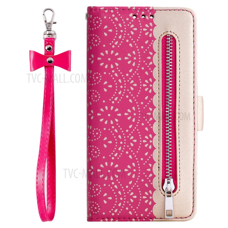 Lace Flower Pattern Zipper Pocket Leather Wallet Phone Shell for iPhone 12 mini - Rose-2