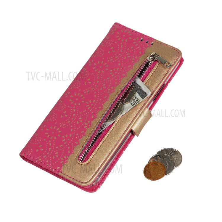 Lace Flower Pattern Zipper Pocket Leather Wallet Phone Shell for iPhone 12 mini - Rose-6