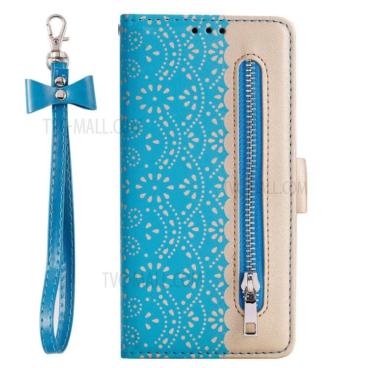 Lace Flower Pattern Zipper Pocket Leather Wallet Phone Shell for iPhone 12 mini - Blue-2