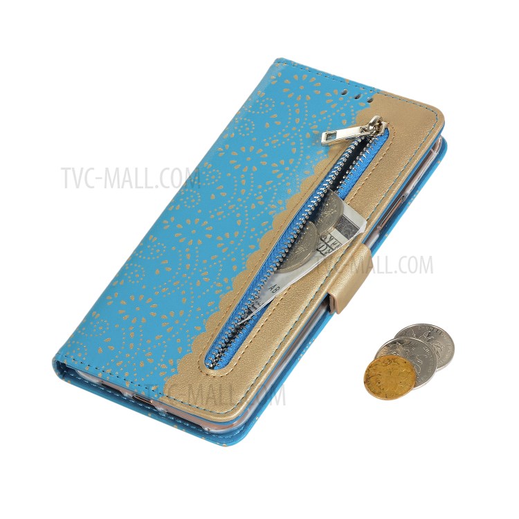 Lace Flower Pattern Zipper Pocket Leather Wallet Phone Shell for iPhone 12 mini - Blue-6