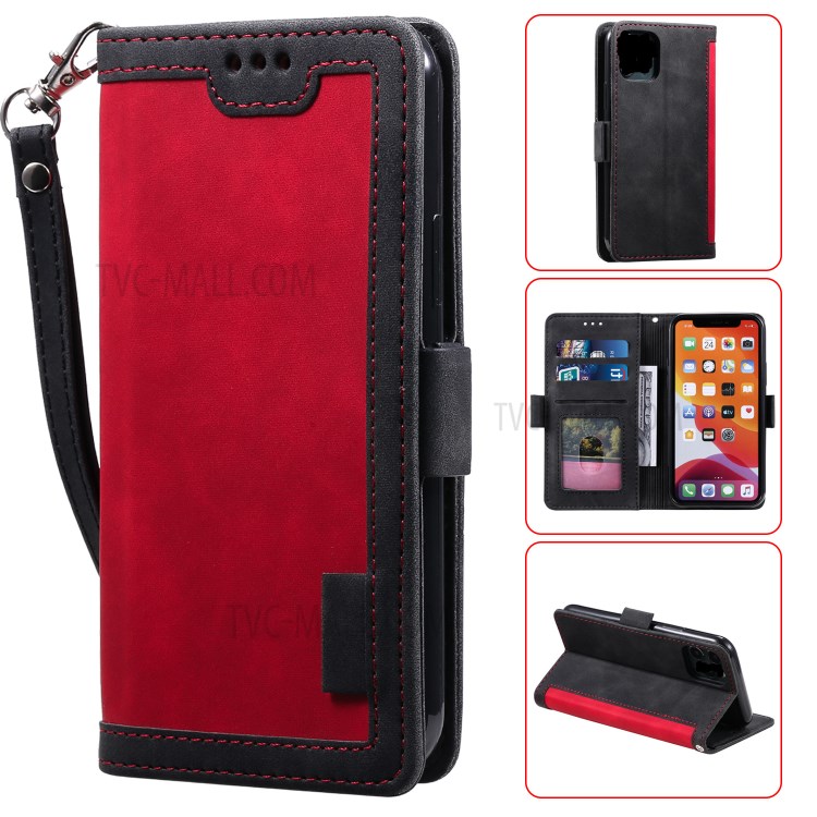Vintage Splicing Style Cover Stand Leather Flip Shell Cover for iPhone 12 mini - Red-1