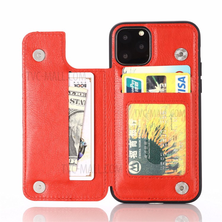 PU Leather Coated PC + TPU Hybrid Card Holder Shell with Kickstand for iPhone 12 mini - Red-2