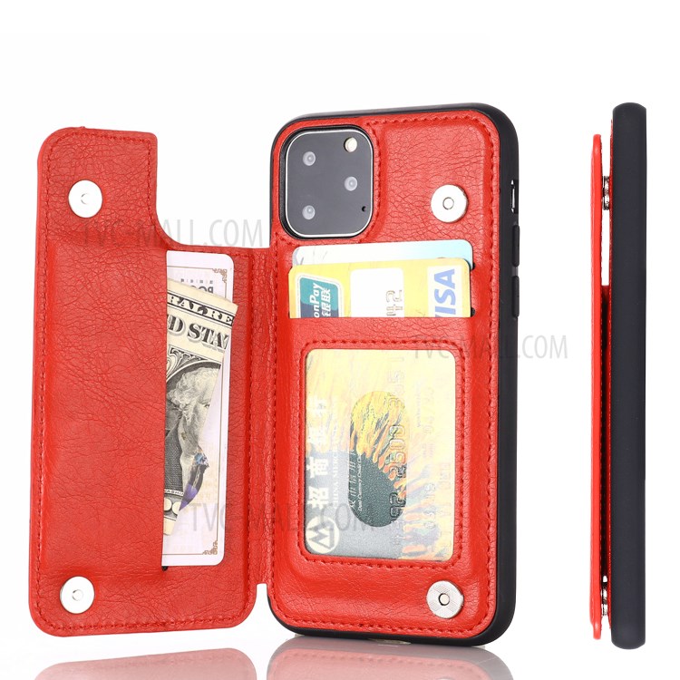 PU Leather Coated PC + TPU Hybrid Card Holder Shell with Kickstand for iPhone 12 mini - Red-8