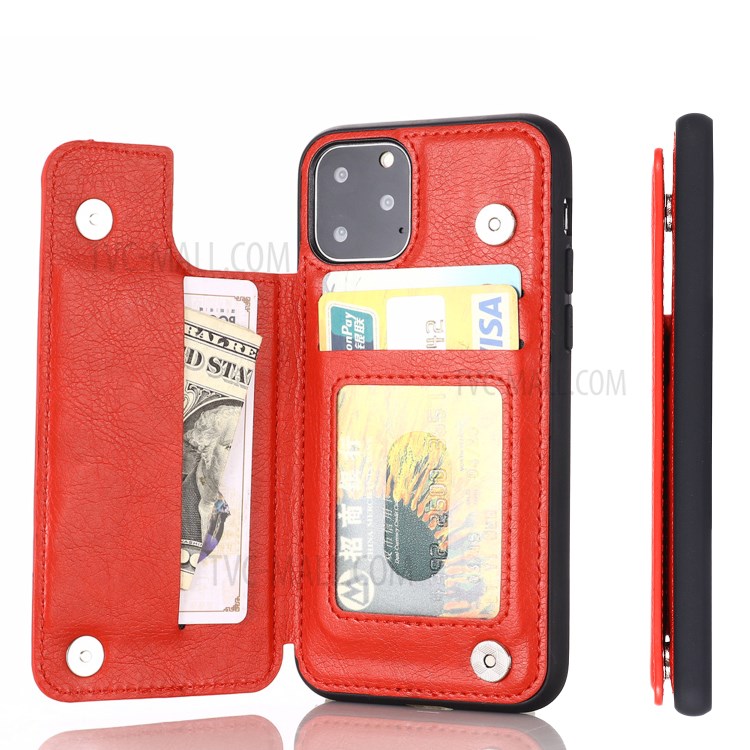 PU Lederbeschichtete PC + TPU Hybrid -kartenhalter -shell Mit Kickstand Für Iphone 12 Mini 5,4 Zoll - Rot-8