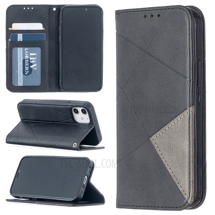 Geometric Pattern Leather Stand Case with Card Slots for iPhone 12 5.4-inch - Black-1