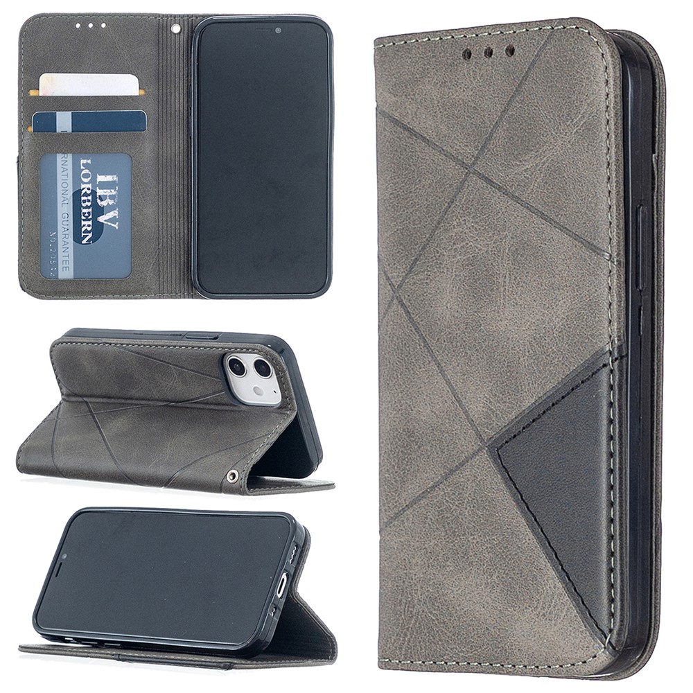 Geometric Pattern Leather Stand Case with Card Slots for iPhone 12 mini - Grey-1