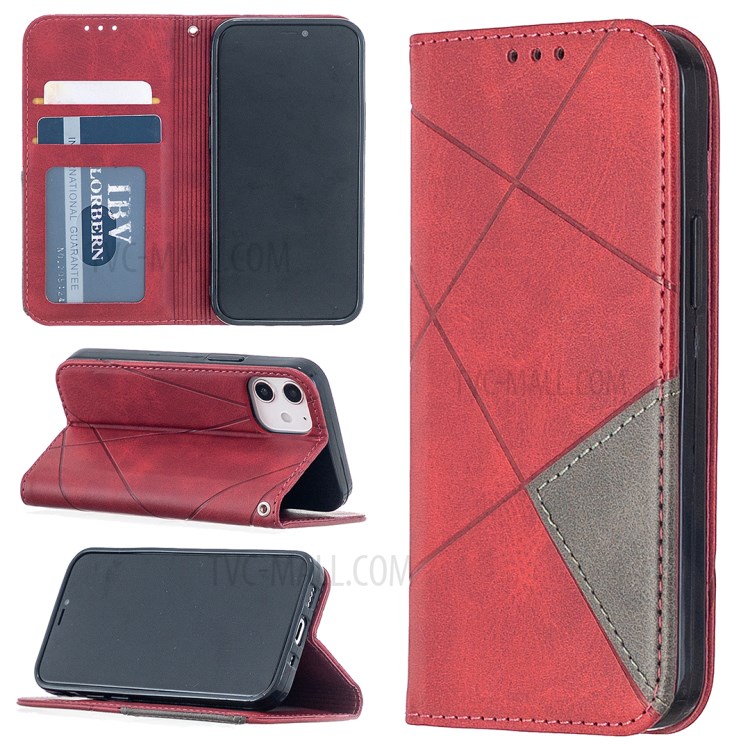 Geometric Pattern Leather Stand Case with Card Slots for iPhone 12 mini - Red-1