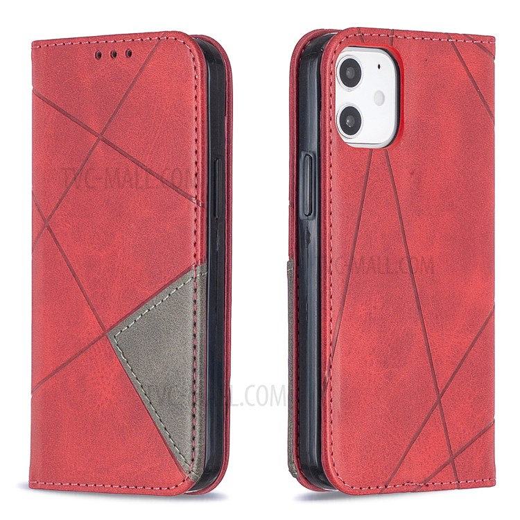 Geometric Pattern Leather Stand Case with Card Slots for iPhone 12 mini - Red-4